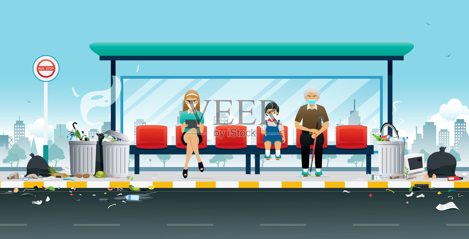 公交车站的垃圾堆插画图片素材