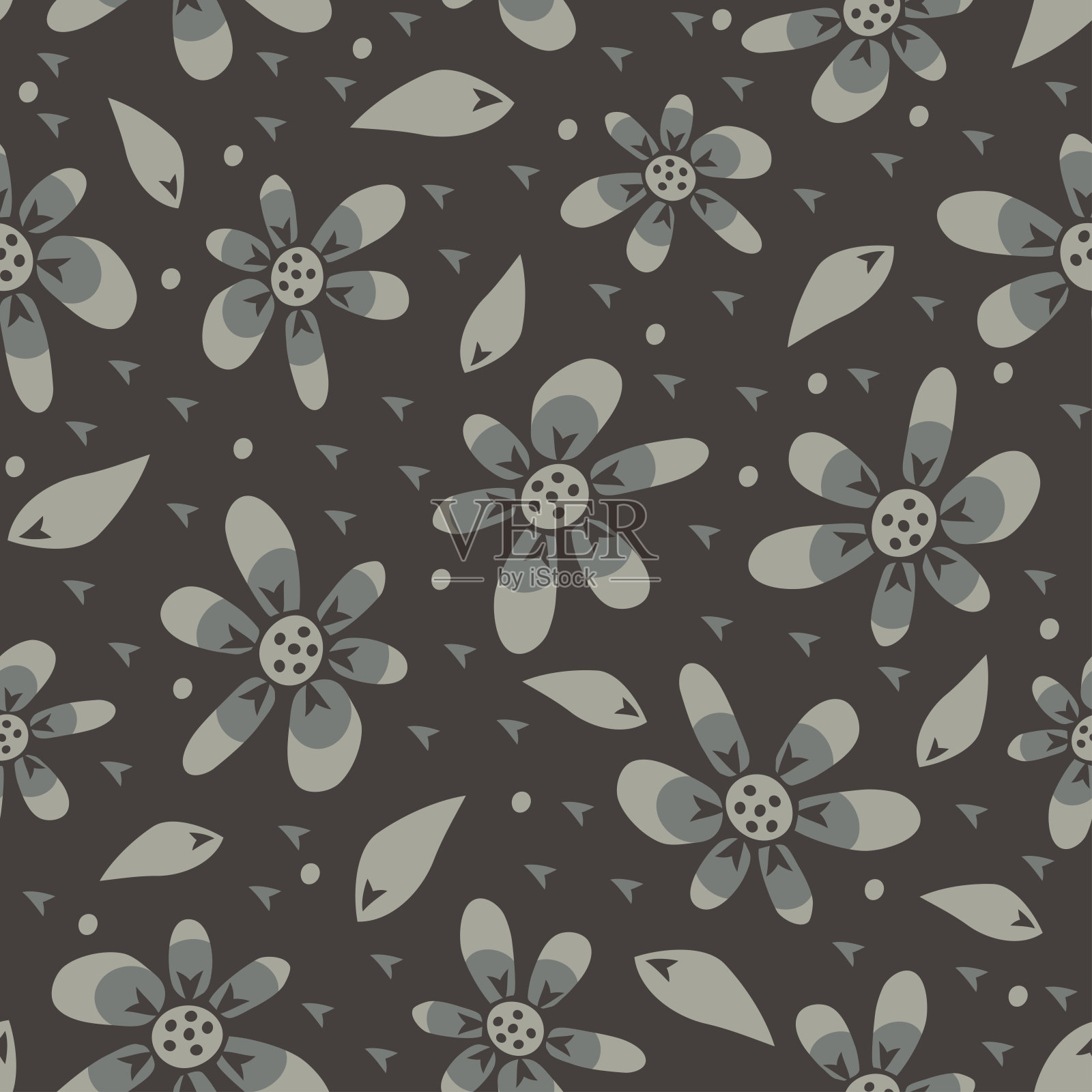 无缝矢量模式与花朵在深灰色的背景。简单的手绘花卉墙纸设计。雏菊草甸时装纺织品。插画图片素材