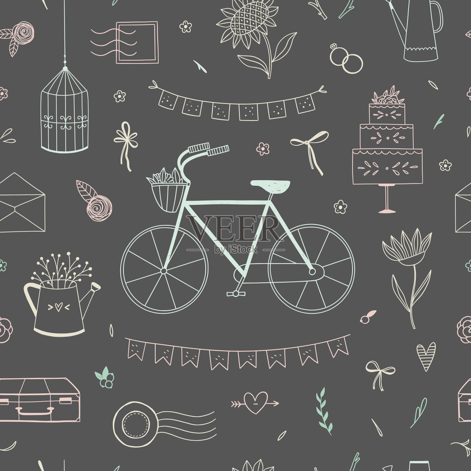 古董无缝模式。矢量背景与自行车，笼子，花卉元素，复古的对象。婚礼主题模式插画图片素材