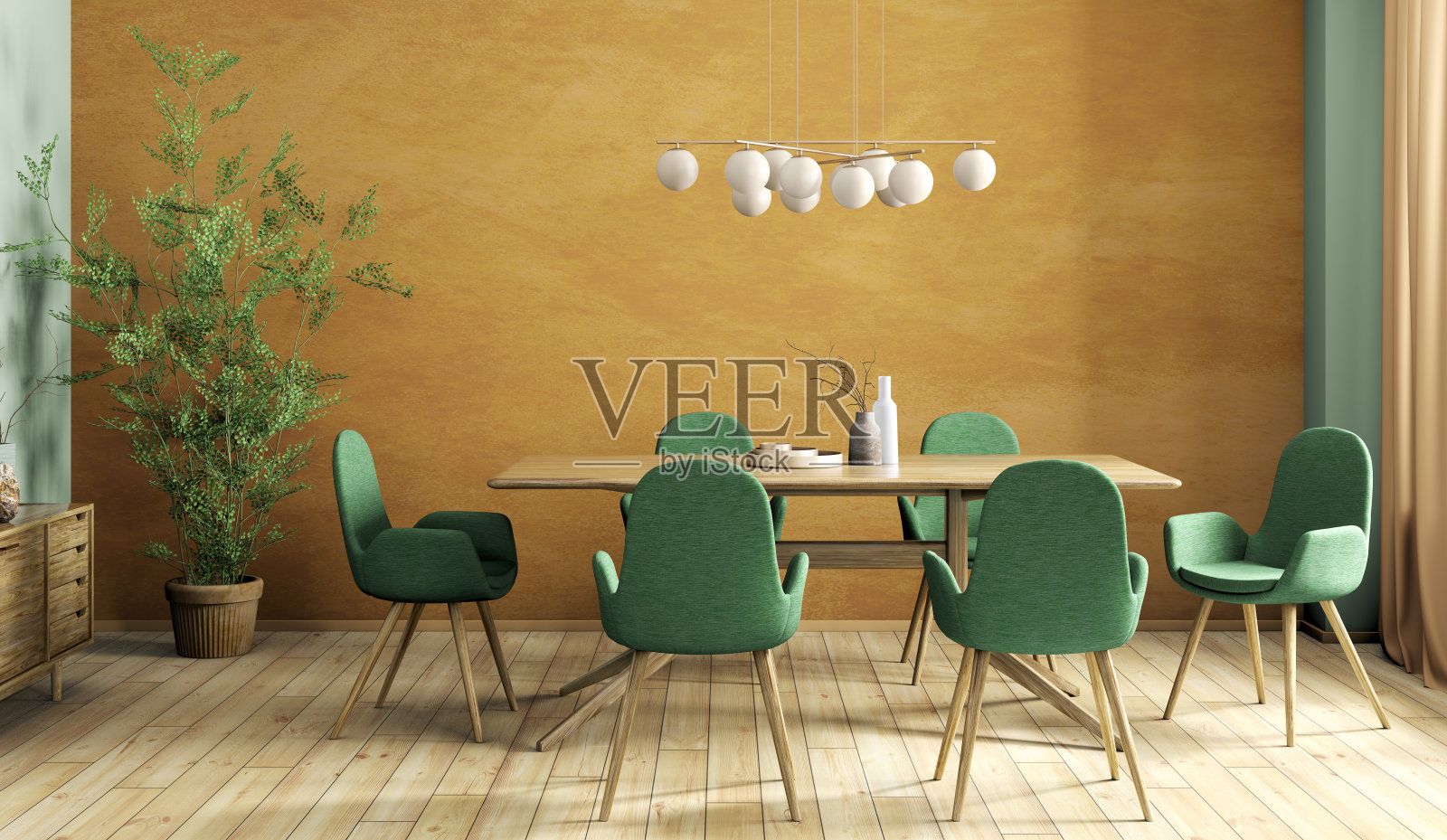 现代餐厅的室内设计，木桌和绿色椅子的3d渲染照片摄影图片
