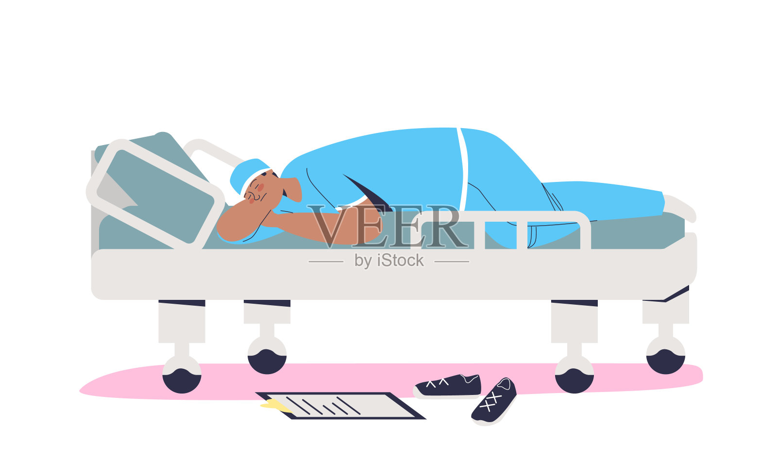 劳累的医生在诊所或紧急医院辛苦工作一天后睡在轮床上插画图片素材