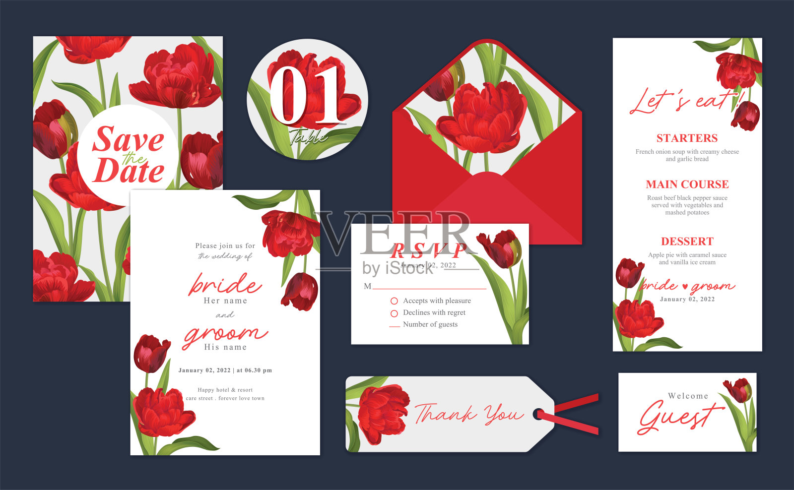 郁金香花的背景模板。矢量集花卉元素婚礼邀请，贺卡，信封，代金券，小册子和横幅设计。设计模板素材