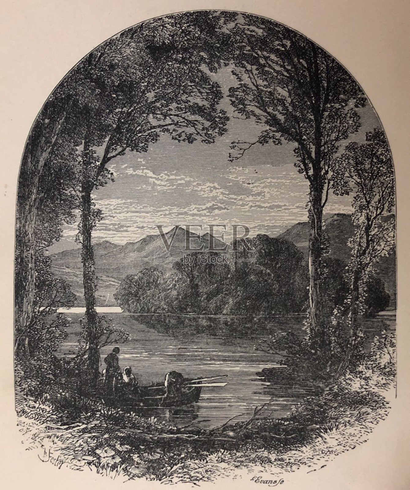 古玩插图-诗歌托马斯摩尔-人们爬进湖中的小船在山插画图片素材