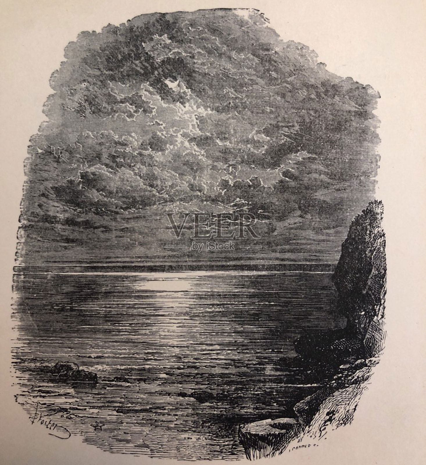 古色古香的插图-托马斯摩尔的诗歌-月光的水悬崖插画图片素材