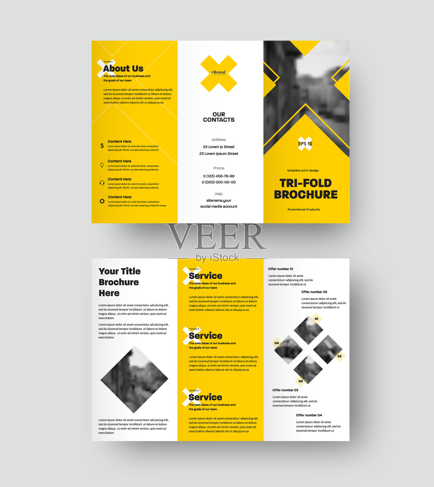 矢量宣传册模板，三联展示与几何设计，十字和黄色元素。设计模板素材