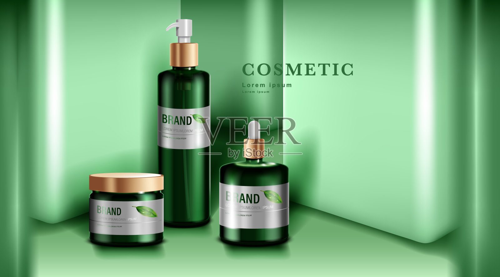 化妆品或护肤品。绿色瓶子模型和绿色墙的背景。矢量插图。设计模板素材