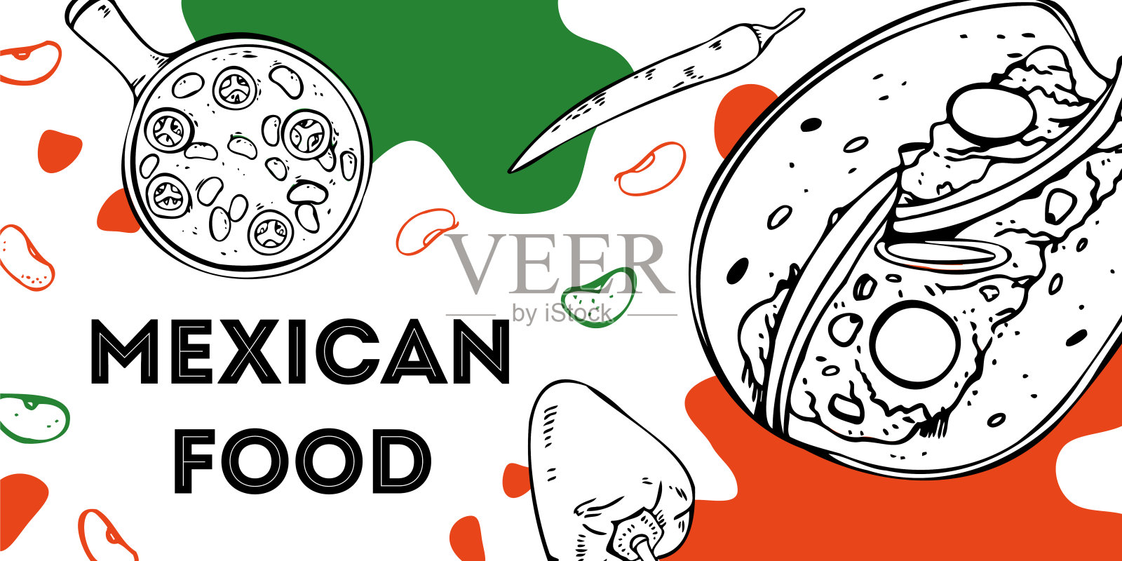 墨西哥食品传单设计模板。墨西哥玉米粉饼和辣味牛肉配蔬菜。手绘轮廓矢量草图图形插画图片素材