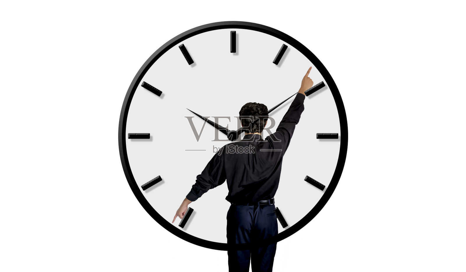 24小时工作的概念。一个男人站在他的手伸出像时钟的指针和指向时间孤立在白色的背景。照片摄影图片
