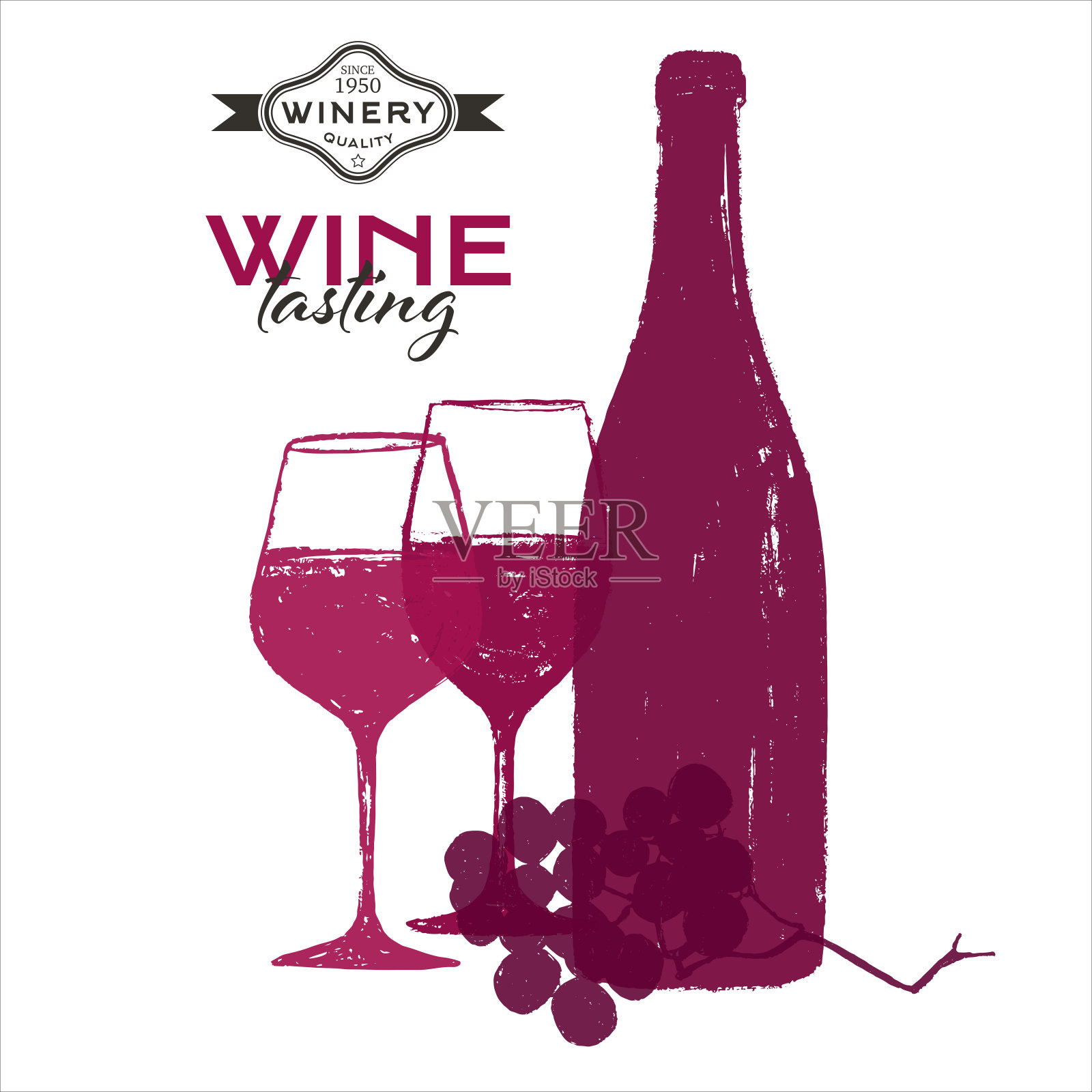 葡萄酒背景设计插图。手工绘制酒杯、酒瓶、葡萄。插画图片素材
