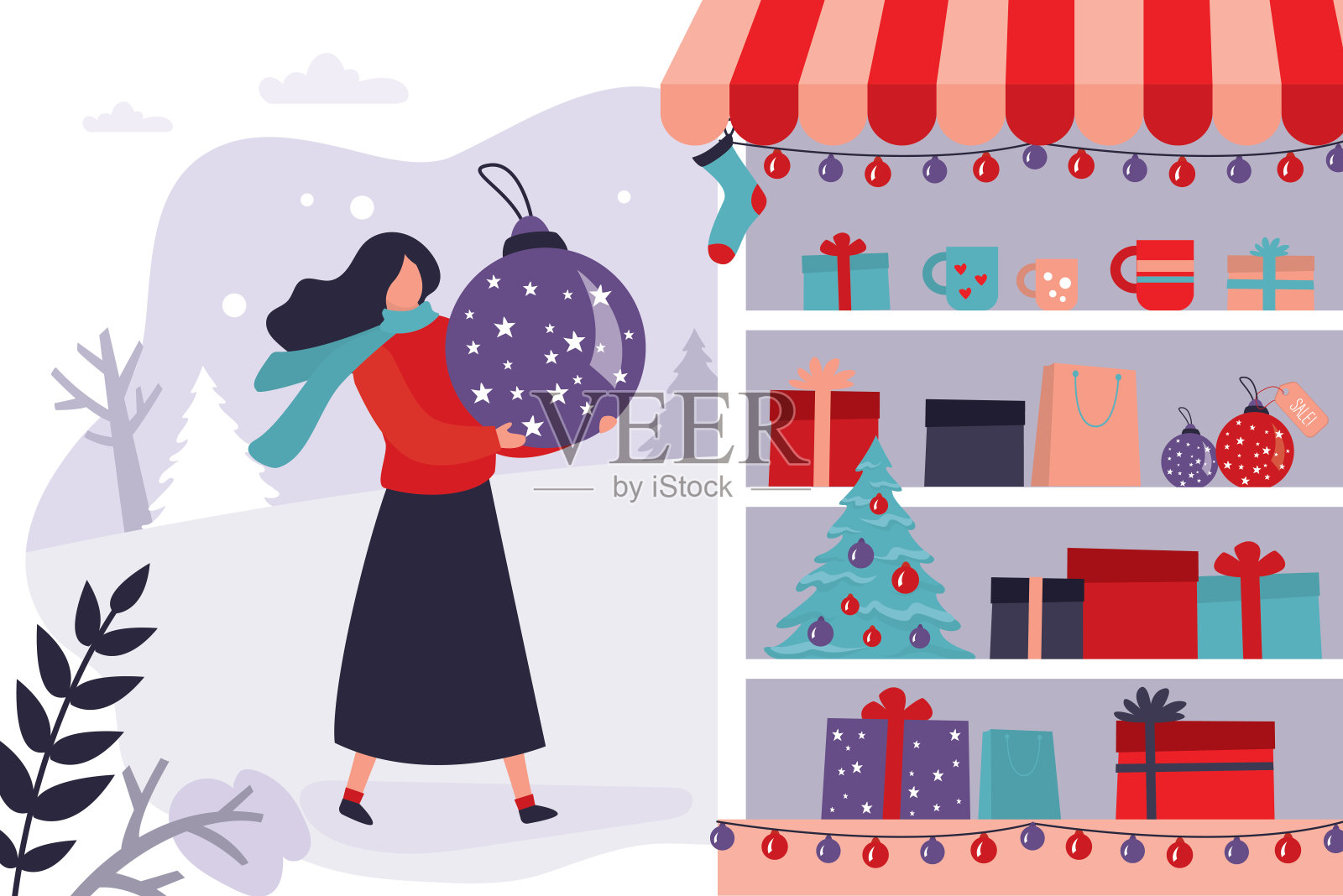 商店橱窗里有圣诞装饰品和礼品盒。女性角色抱着一个大圣诞树玩具。冬季折扣和季节销售的概念插画图片素材