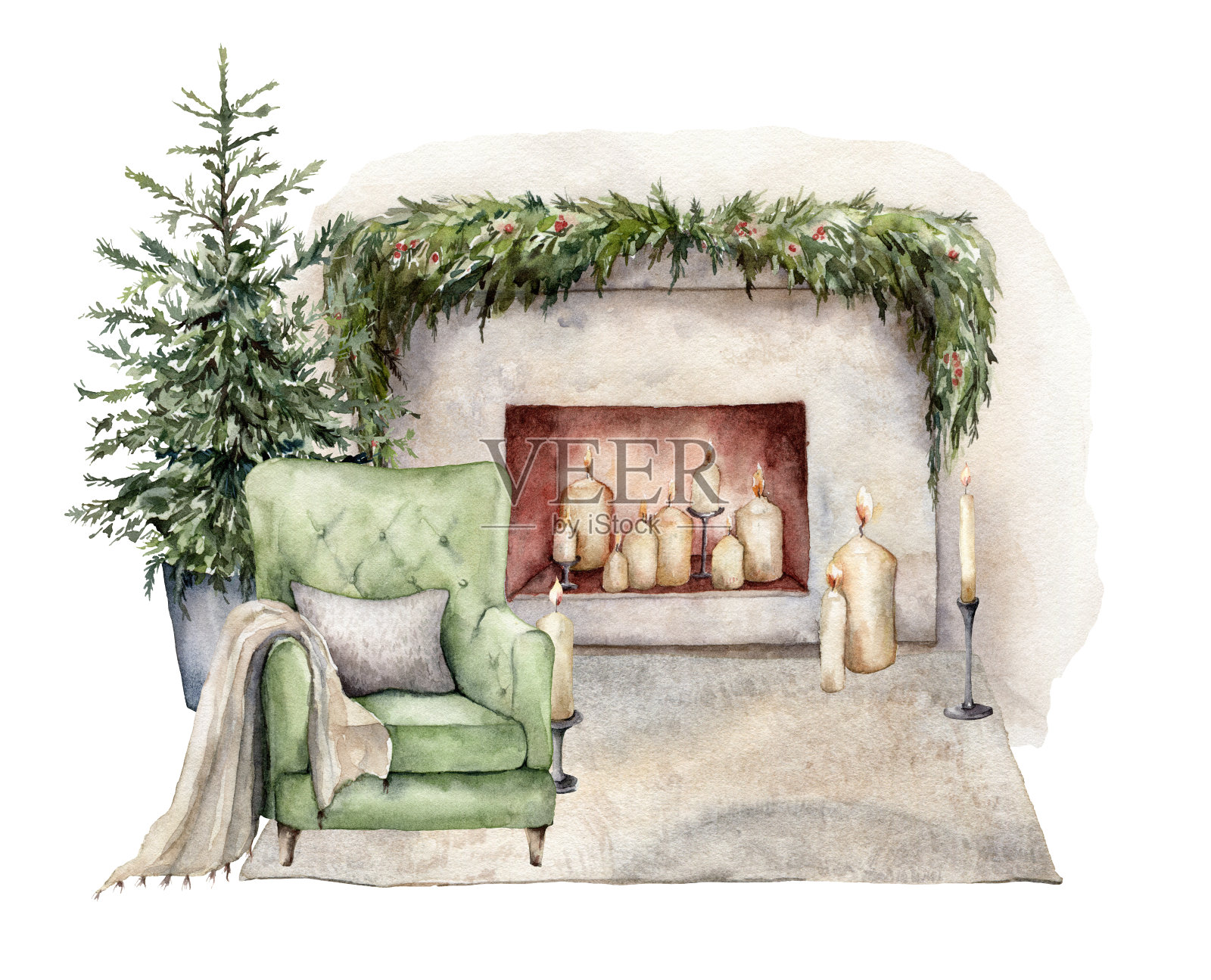 水彩冬季卡片扶手椅，壁炉，地毯和圣诞树。手绘假日插图与室内对象隔离在白色背景设计，打印或背景。插画图片素材