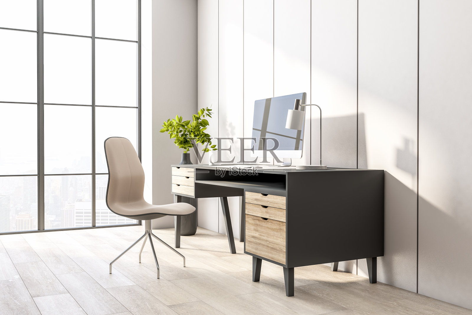 侧面的现代舒适的工作场所在家里与木地板和桌子，大窗户和舒适的椅子照片摄影图片