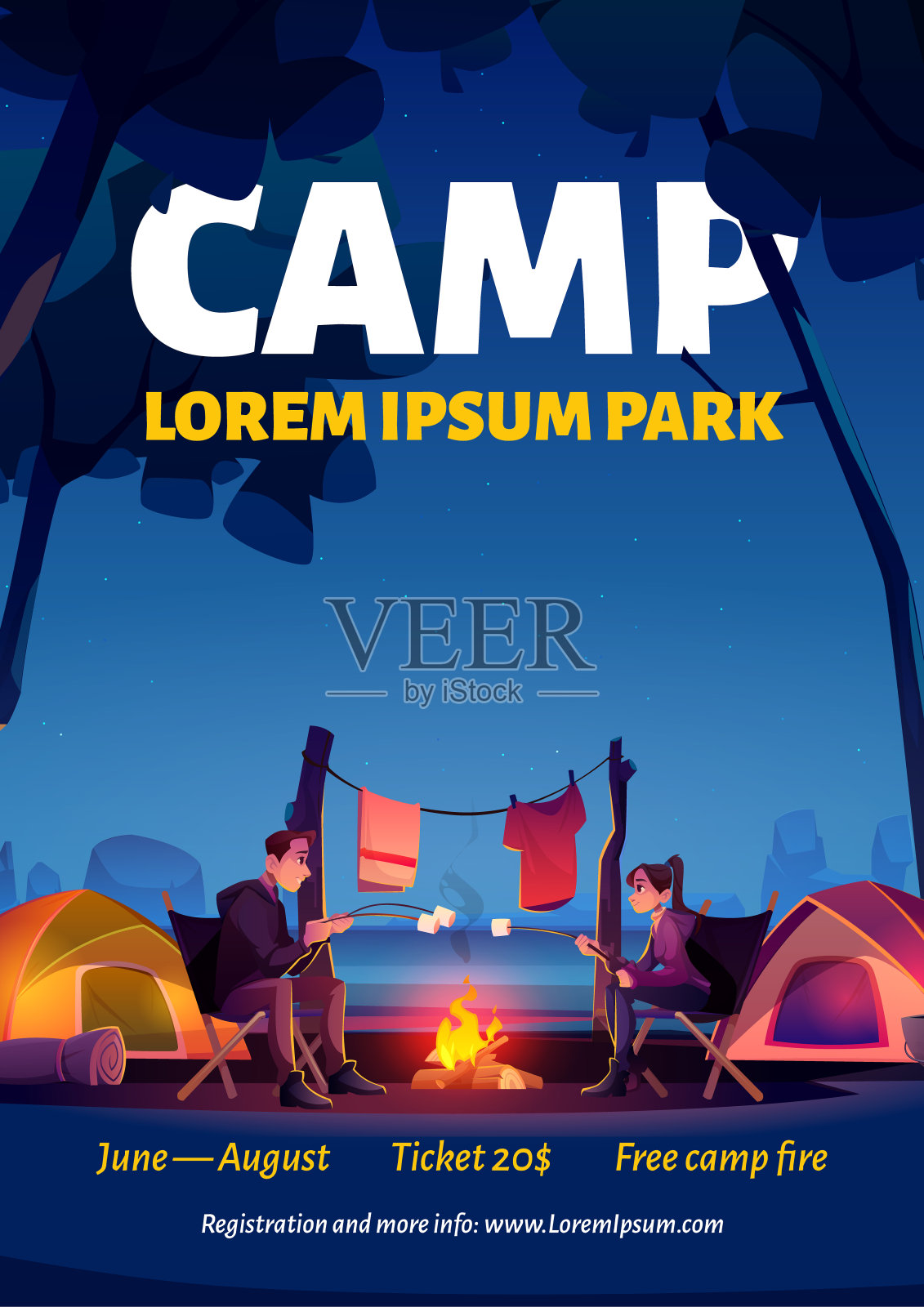 夏令营与篝火在自然公园海报设计模板素材