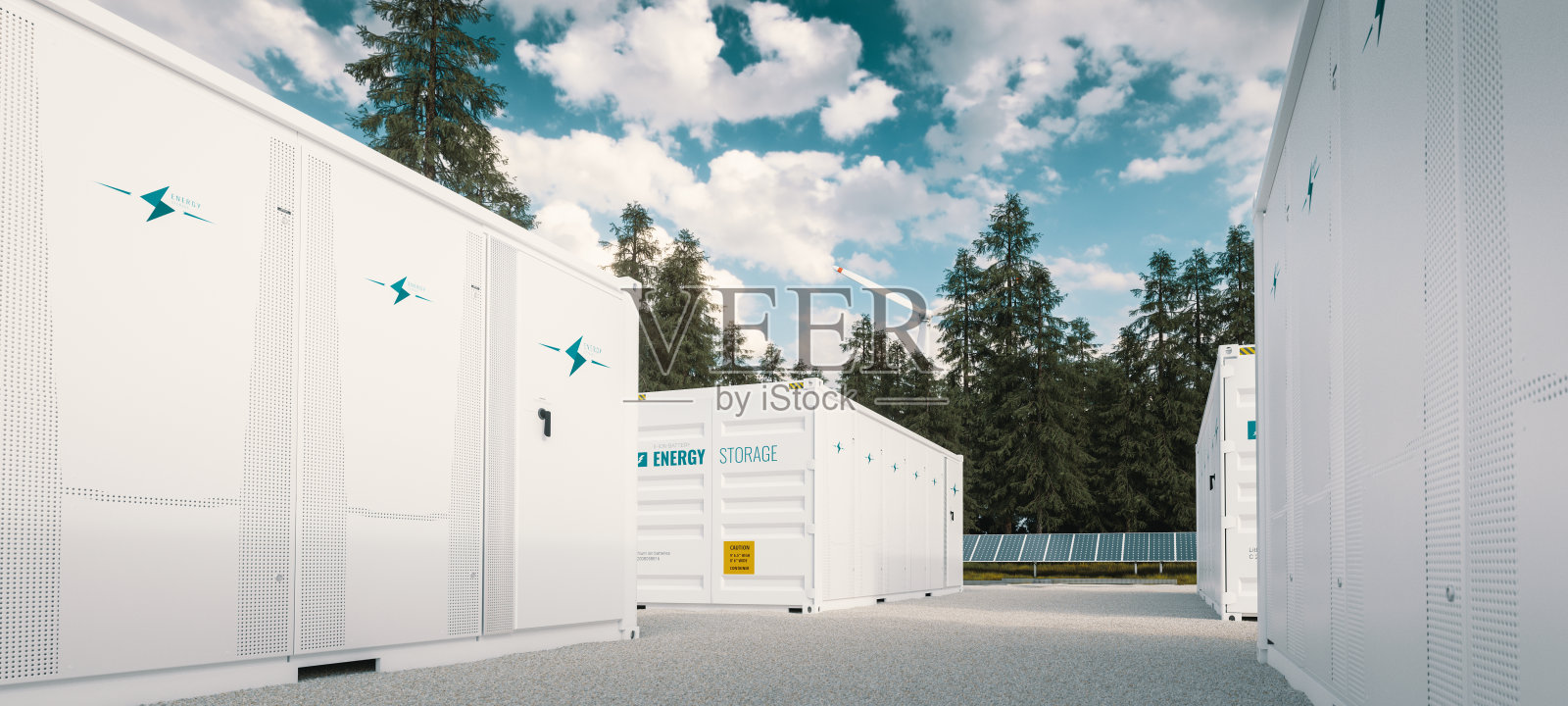 现代集装箱电池绿色能源存储系统与太阳能电池板和风力涡轮机位于自然三维渲染。照片摄影图片