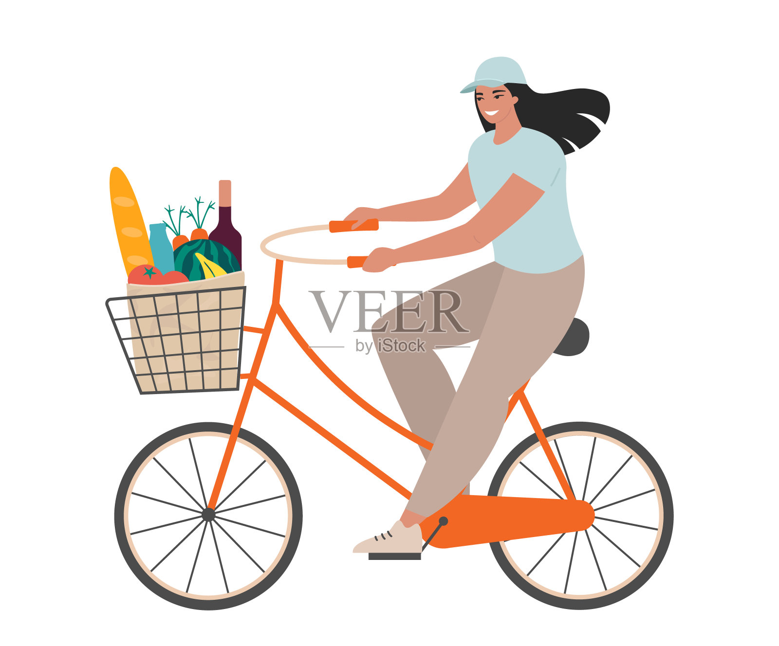 快速杂货送货服务理念。小女孩骑着自行车从超市或商店送新鲜的有机食品回家。女人信使。设计元素图片
