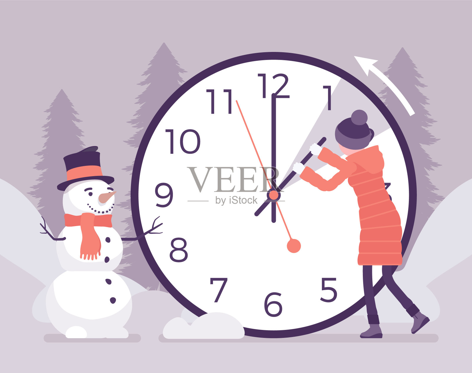 女人在为冬天的时间调时钟插画图片素材