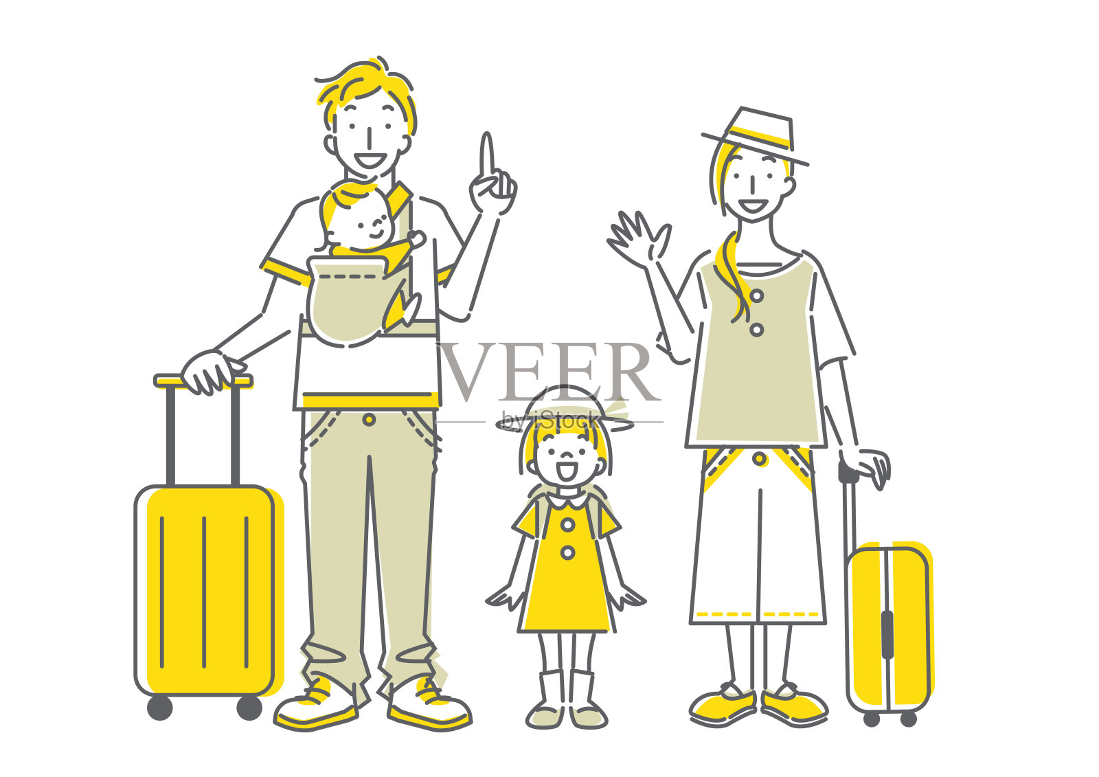 幸福家庭旅游，简单线条艺术插画图片素材