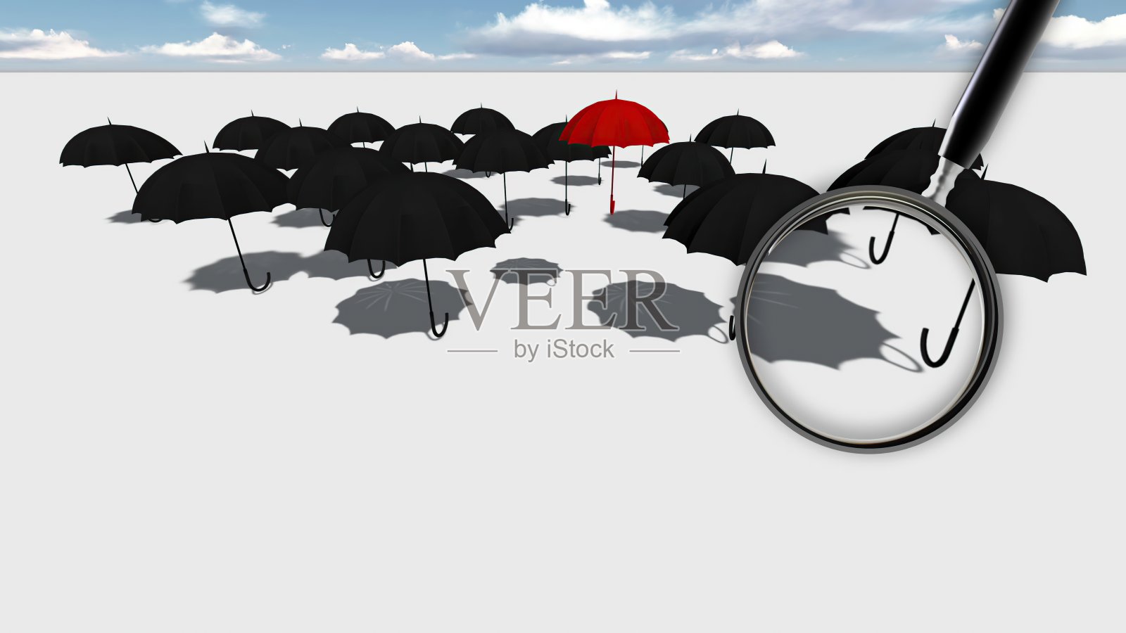 3D插图-放大镜的特写。红伞从人群中脱颖而出照片摄影图片