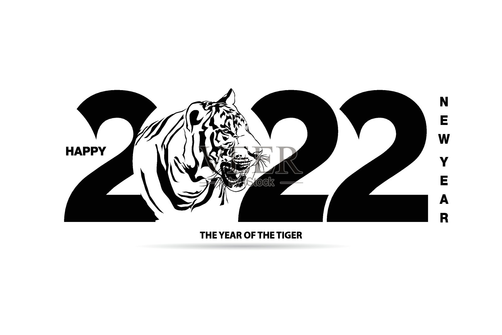 新年快乐2022年老虎年黑白线画是在数字2022海报，小册子，横幅，邀请卡矢量插图孤立在白色的背景。设计模板素材