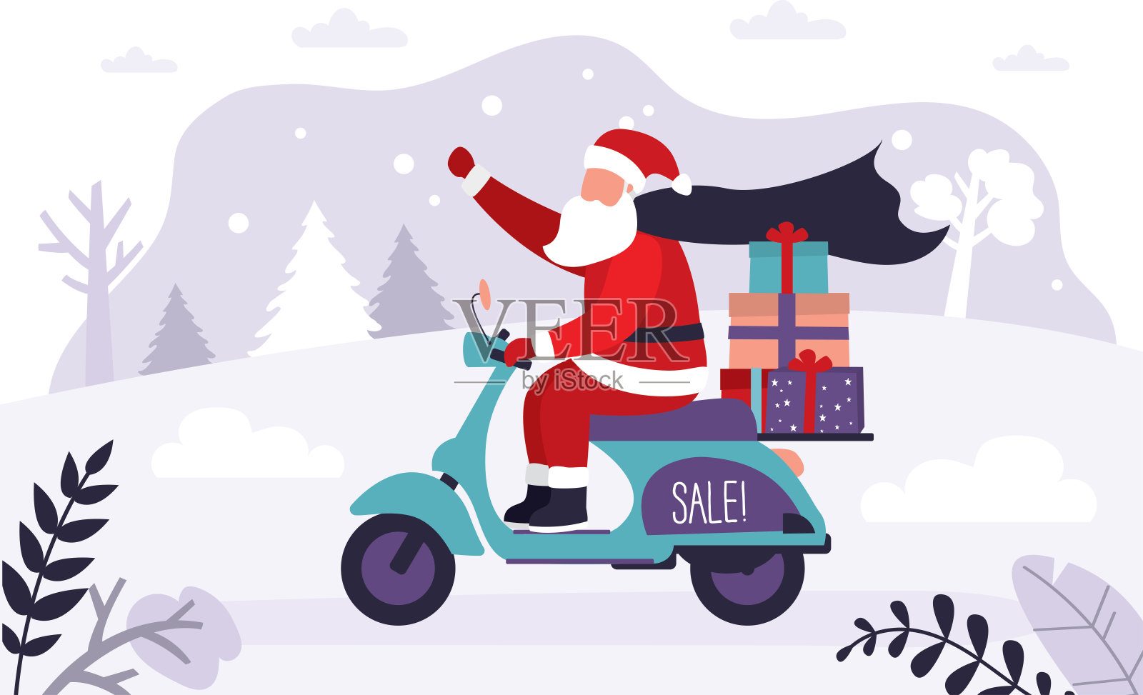 圣诞老人骑着摩托车送礼物。圣诞老人带着圣诞和新年的礼物。爷爷骑着摩托车，带着礼物盒插画图片素材