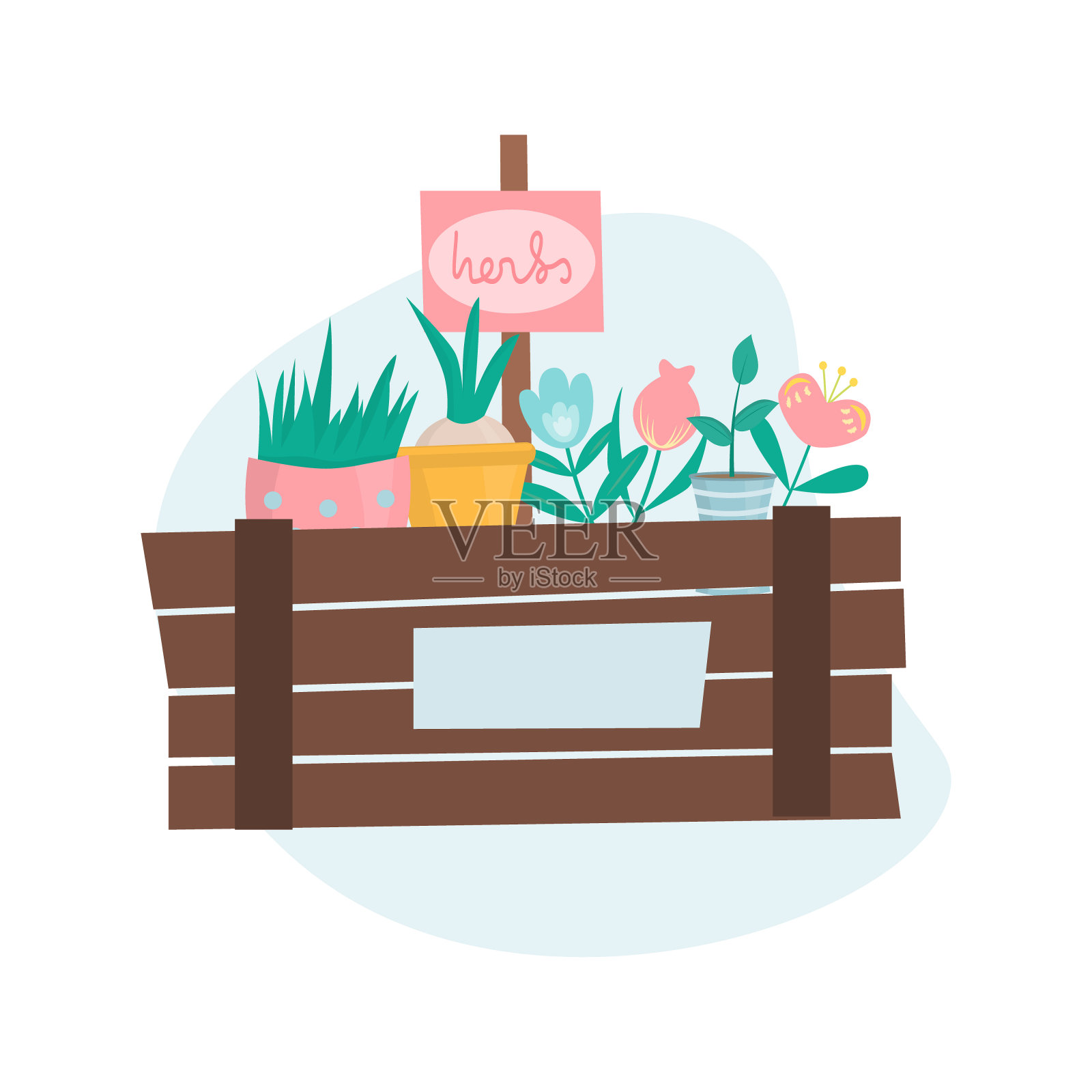 可爱的园艺。带花的木条箱，带植物和草的花盆，铭牌。春季矢量插图，孤立在白色背景上插画图片素材