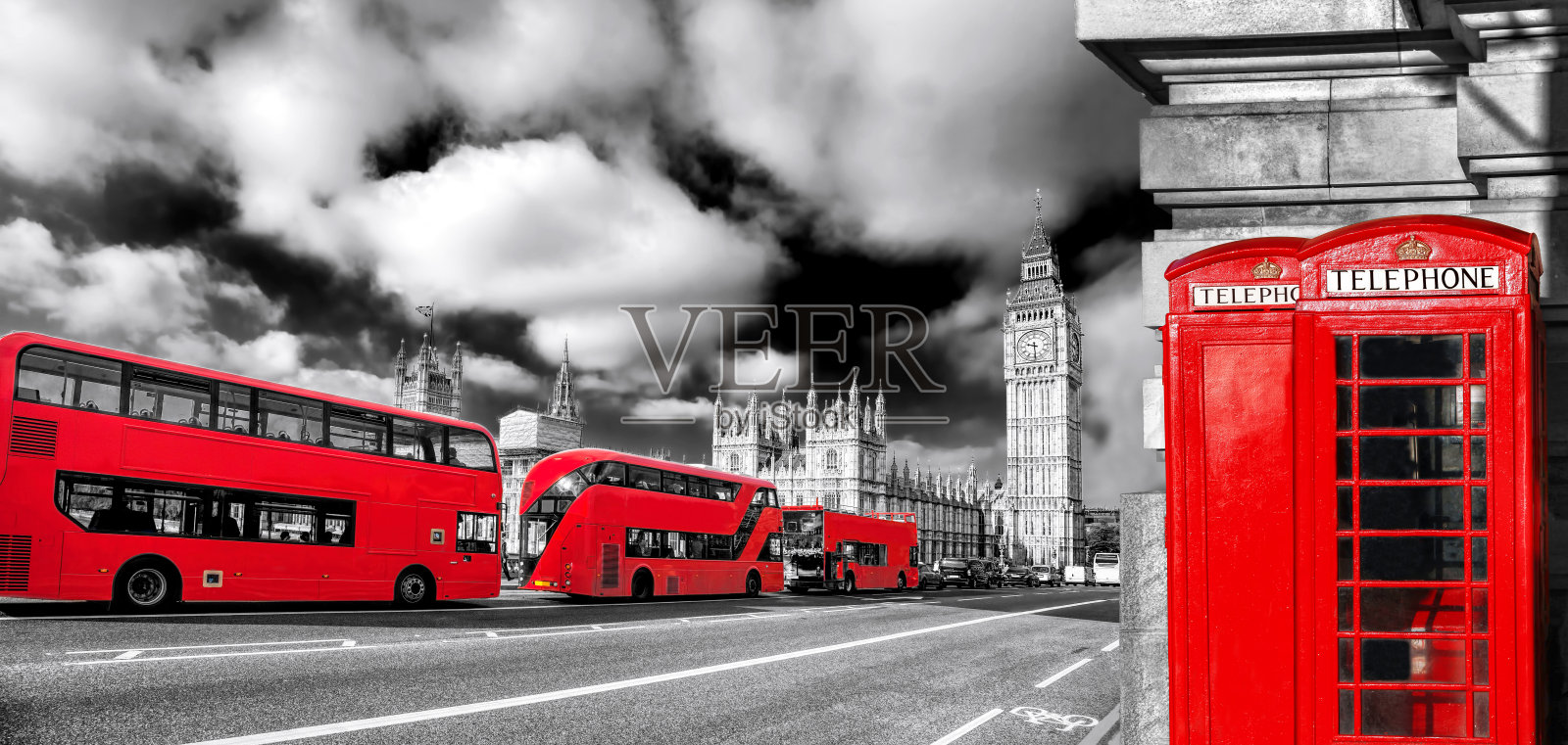 英国伦敦的标志有大本钟、双层公共汽车和红色电话亭照片摄影图片