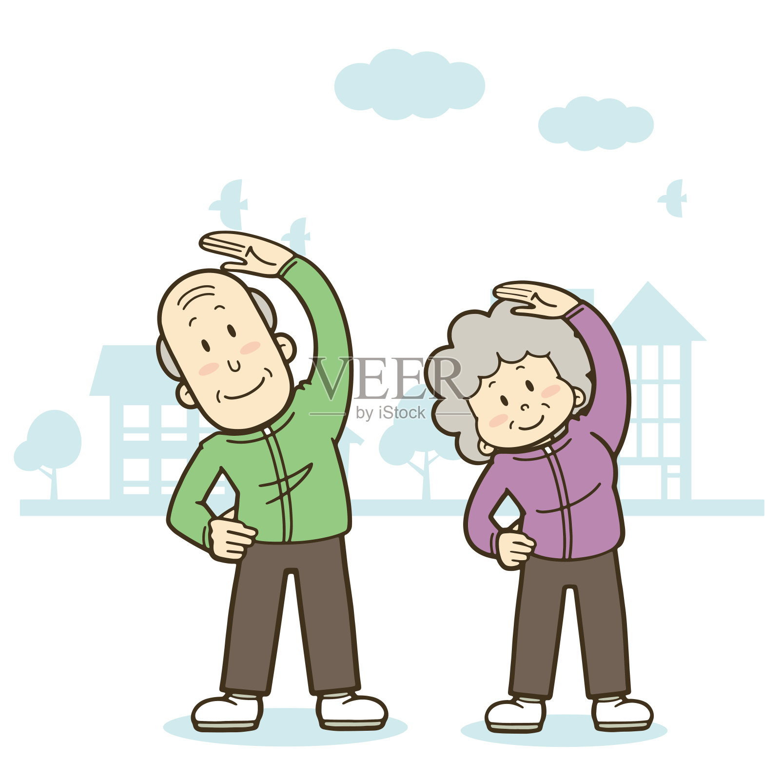 一对精力充沛的老年夫妇在伸展身体。插画图片素材