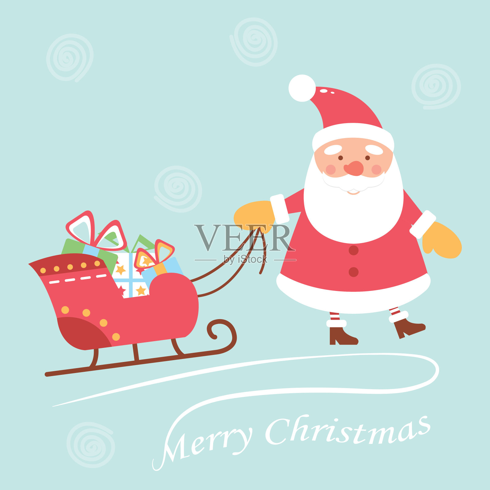 活泼可爱的圣诞老人拉着雪橇拖着礼物。卡通人物。圣诞贺卡插画图片素材