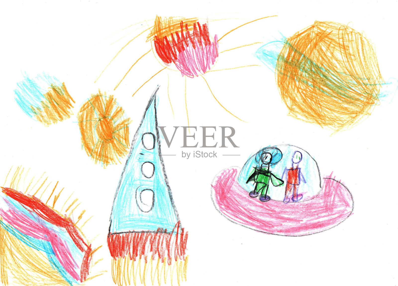 水彩儿童画太空行星火箭插画图片素材
