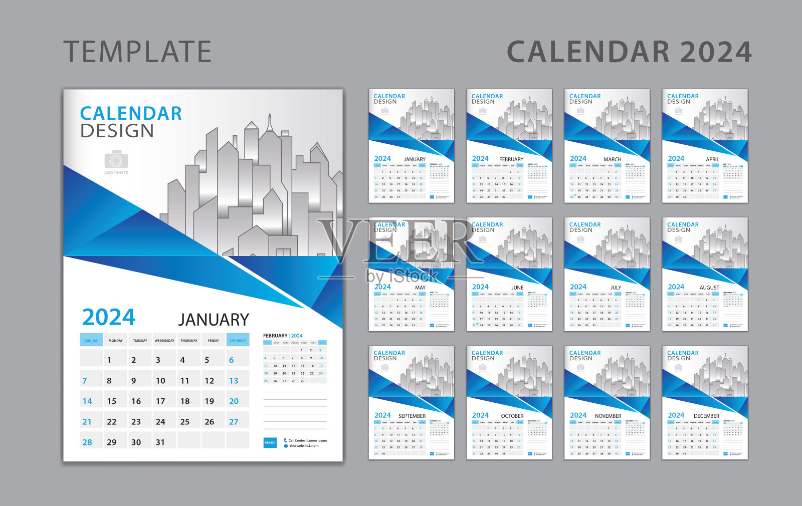 日历2024模板，设置办公桌日历设计与地点的照片和公司标志。2024年挂历。一周从周日开始。一套12个月。蓝色多边形背景插画图片素材_ID