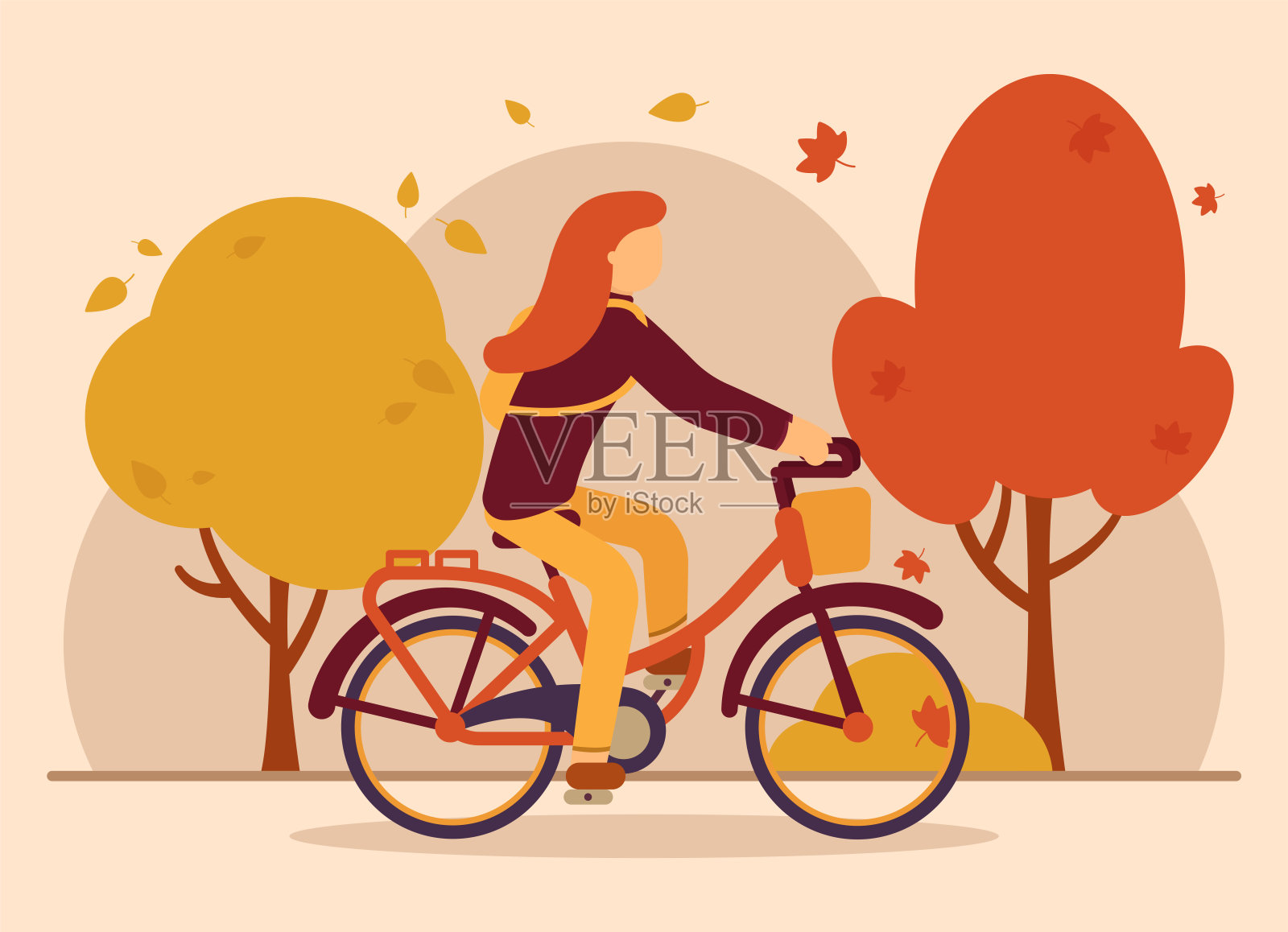 秋天矢量的概念。女孩在秋天的公园里骑自行车。五彩缤纷的树叶从树上飘落。秋季运动。可用于网站和网站横幅。设计元素图片