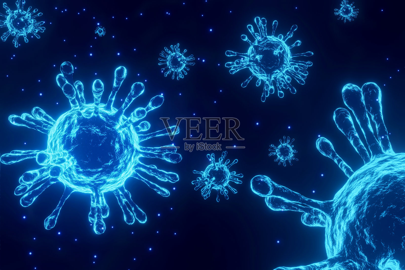 蓝色病毒细胞细菌三维渲染，医学和科学概念照片摄影图片