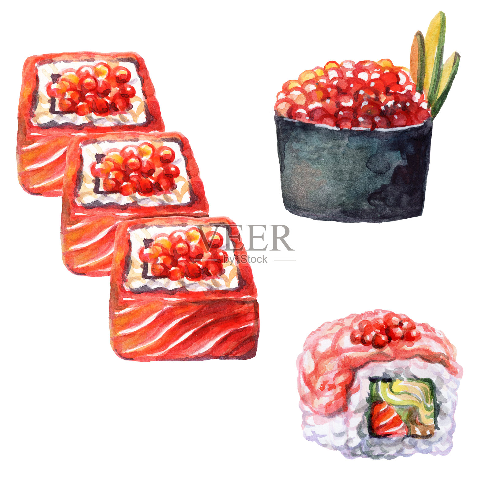 日本食物卷和寿司与鱼子酱插图水彩插画图片素材