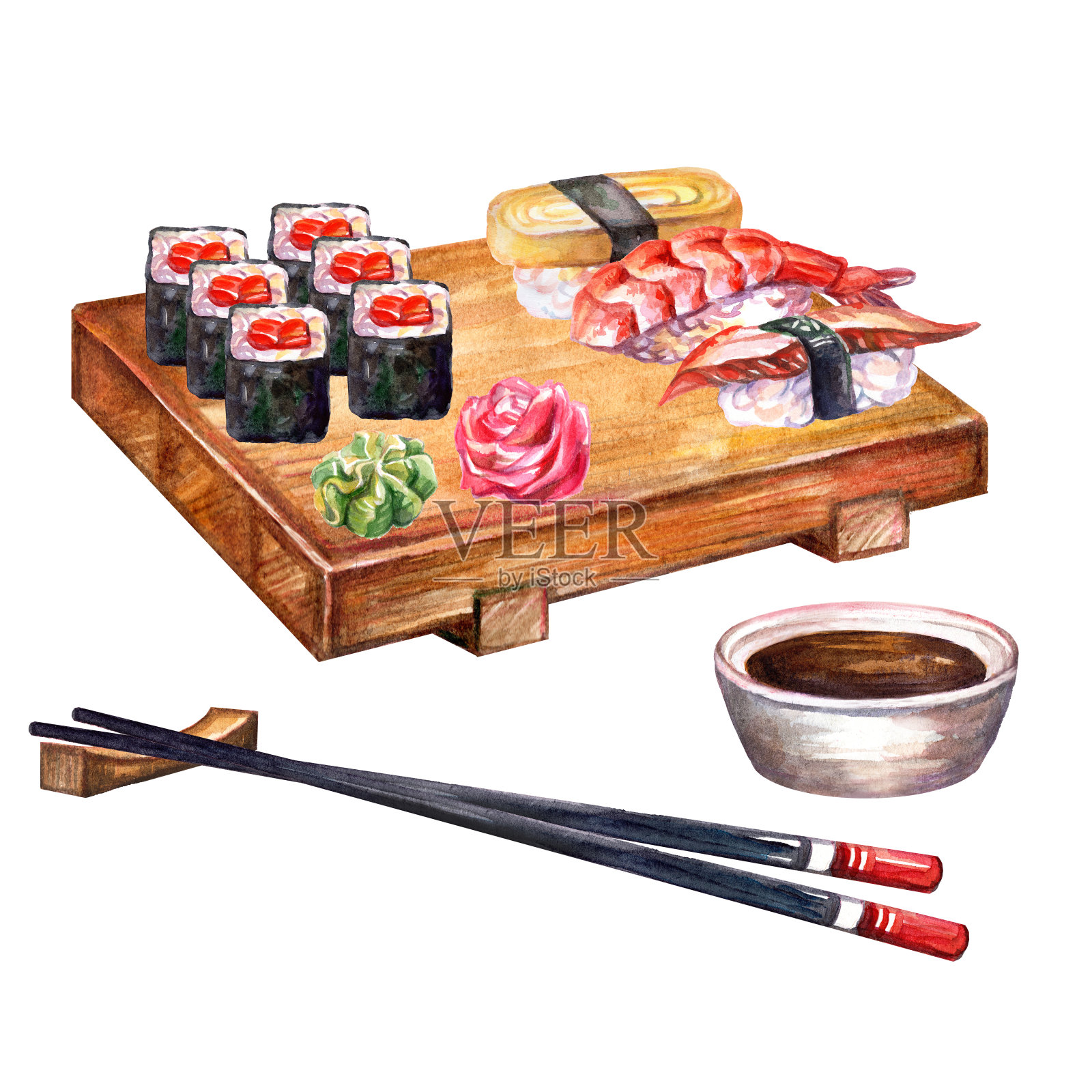 日本食物卷和寿司在船上和筷子水彩画插画图片素材
