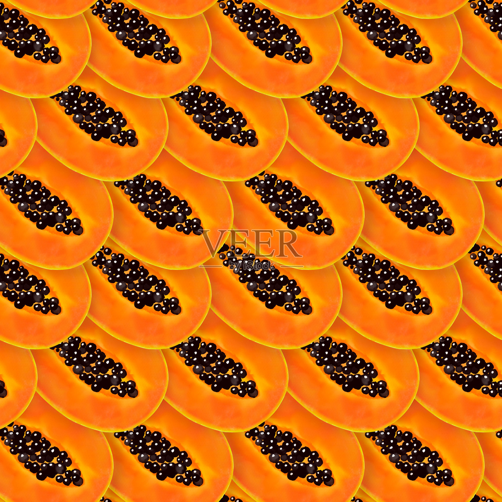 木瓜无缝模式。手绘背景木瓜水果。带黑籽的橘色木瓜片。插画图片素材
