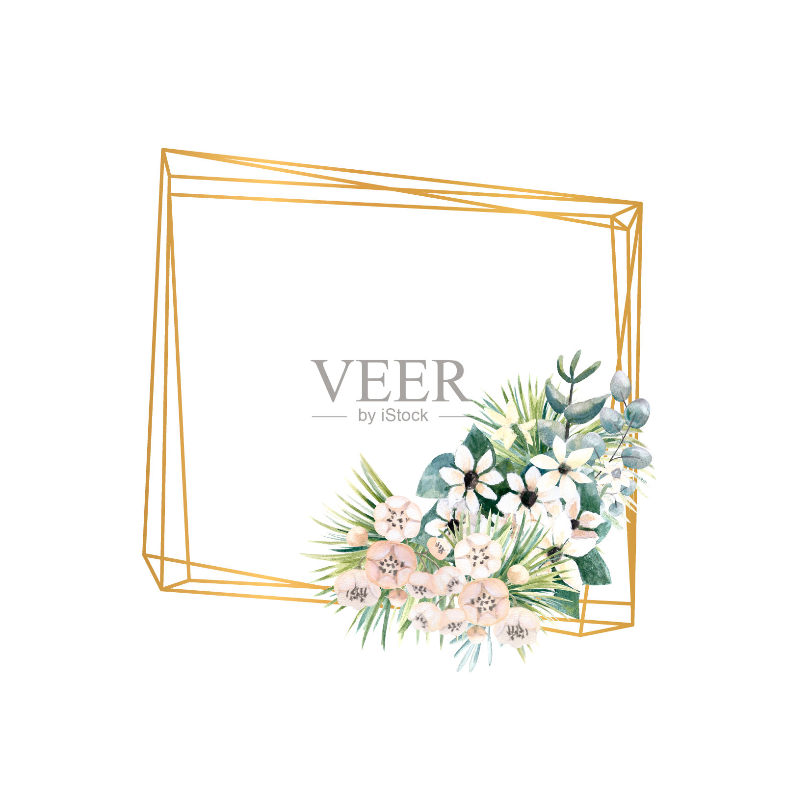 几何金色框架与小花猕猴梨，布瓦迪亚，热带和棕榈叶。婚礼花束的相框设计为一款时尚的请柬。水彩画插图插画图片素材