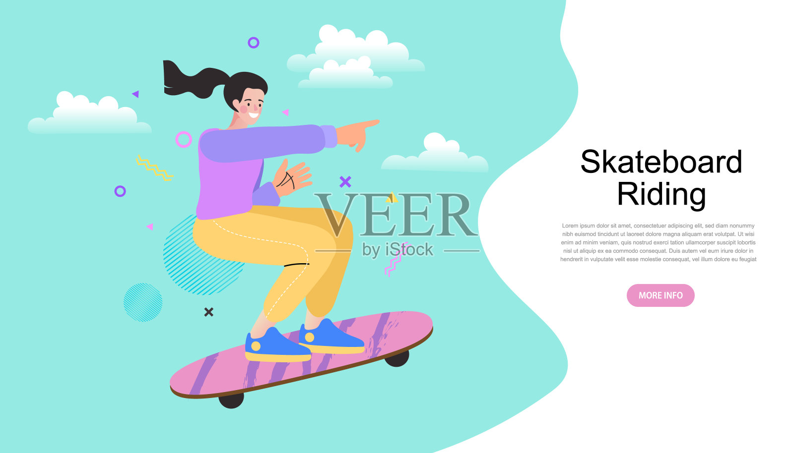 快乐可爱的年轻滑板女子骑在她的滑板上。女人一天卡。城市市民性格矢量图。插画图片素材