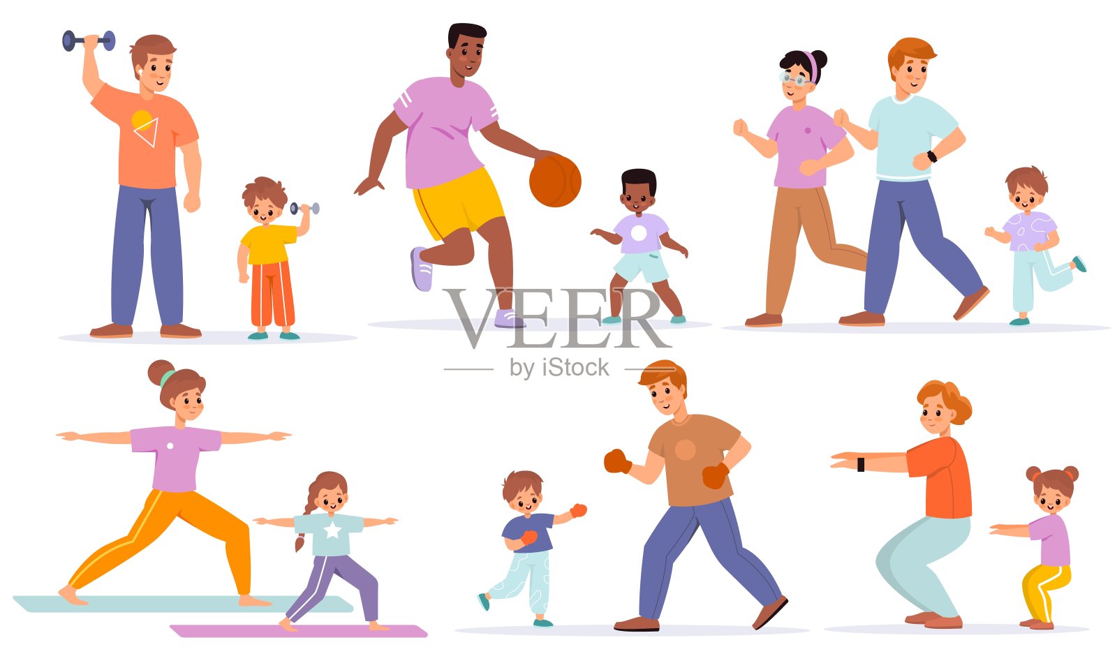 家庭的运动。各种家庭活动，大人与孩子一起健身，孩子与父母一起健康生活。跑步篮球和拳击矢量卡通集插画图片素材