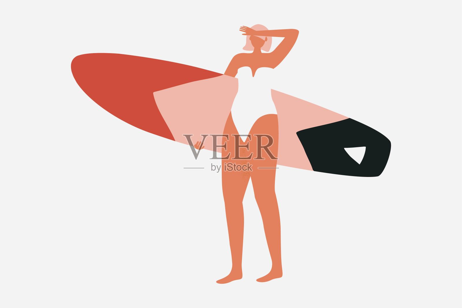 冲浪女孩角色在复古比基尼冲浪板。为印刷在T恤，明信片，枕头，海报，纺织品和更多的夏天插图。手绘风格的矢量插图。插画图片素材