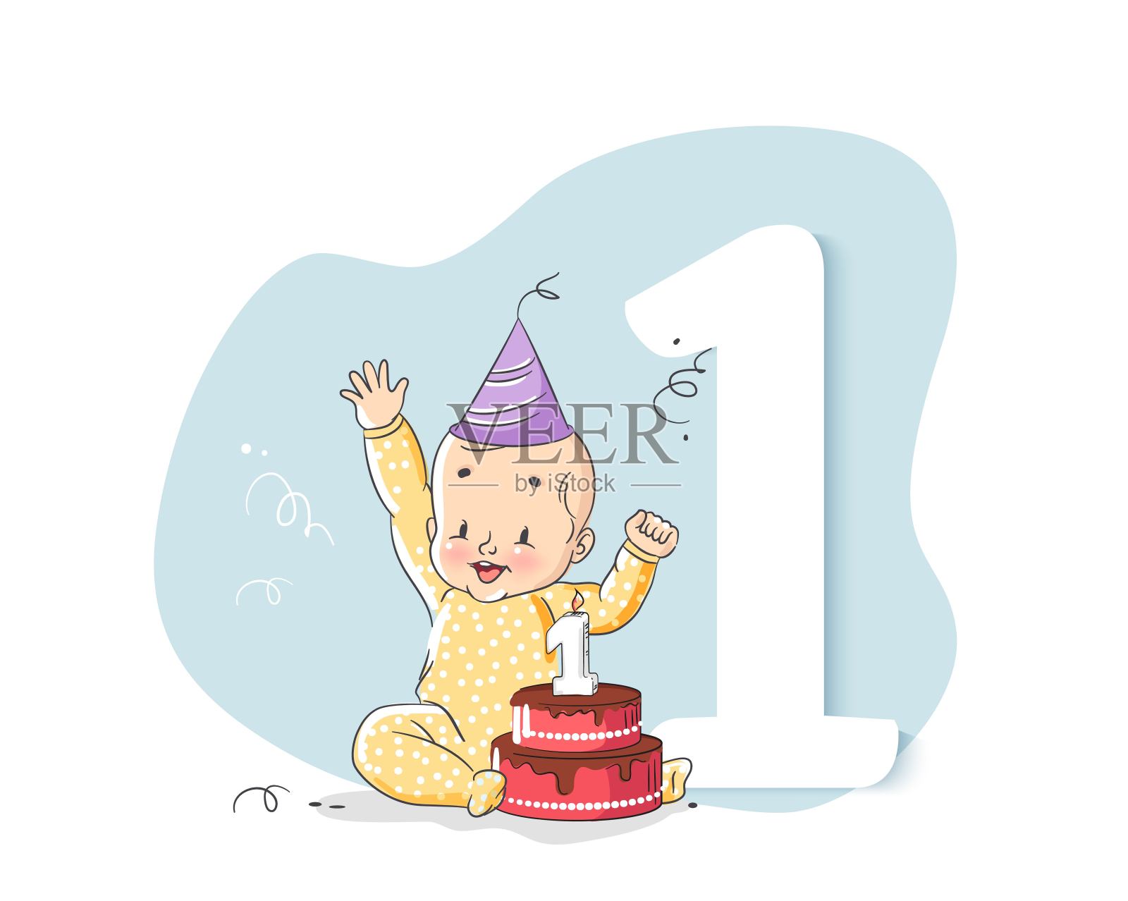 可爱的小男孩庆祝他的第一个生日。插画图片素材