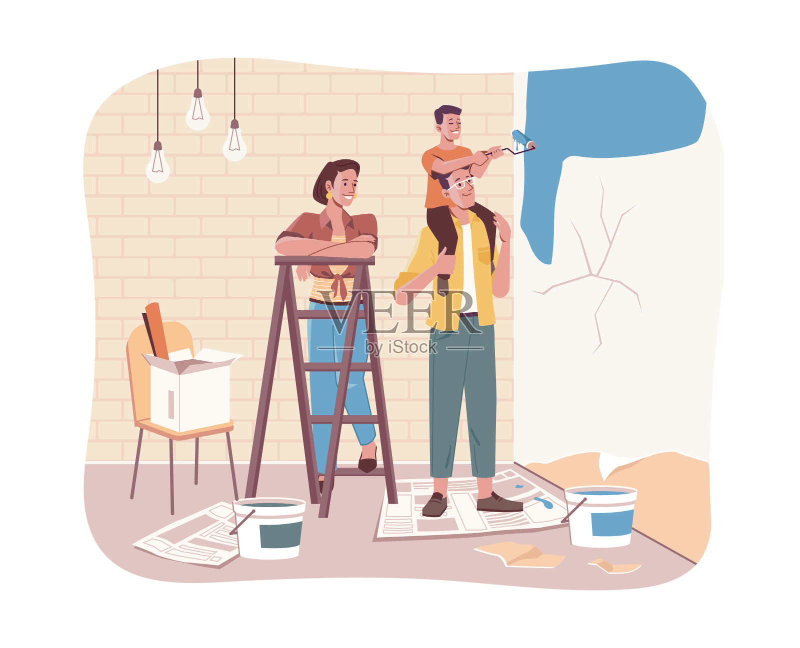 一家人一起做房屋维修工作。矢子坐在父亲的肩膀上，在新公寓的墙上作画。父母和孩子在公寓装修。母亲有梯子，孩子有滚筒插画图片素材