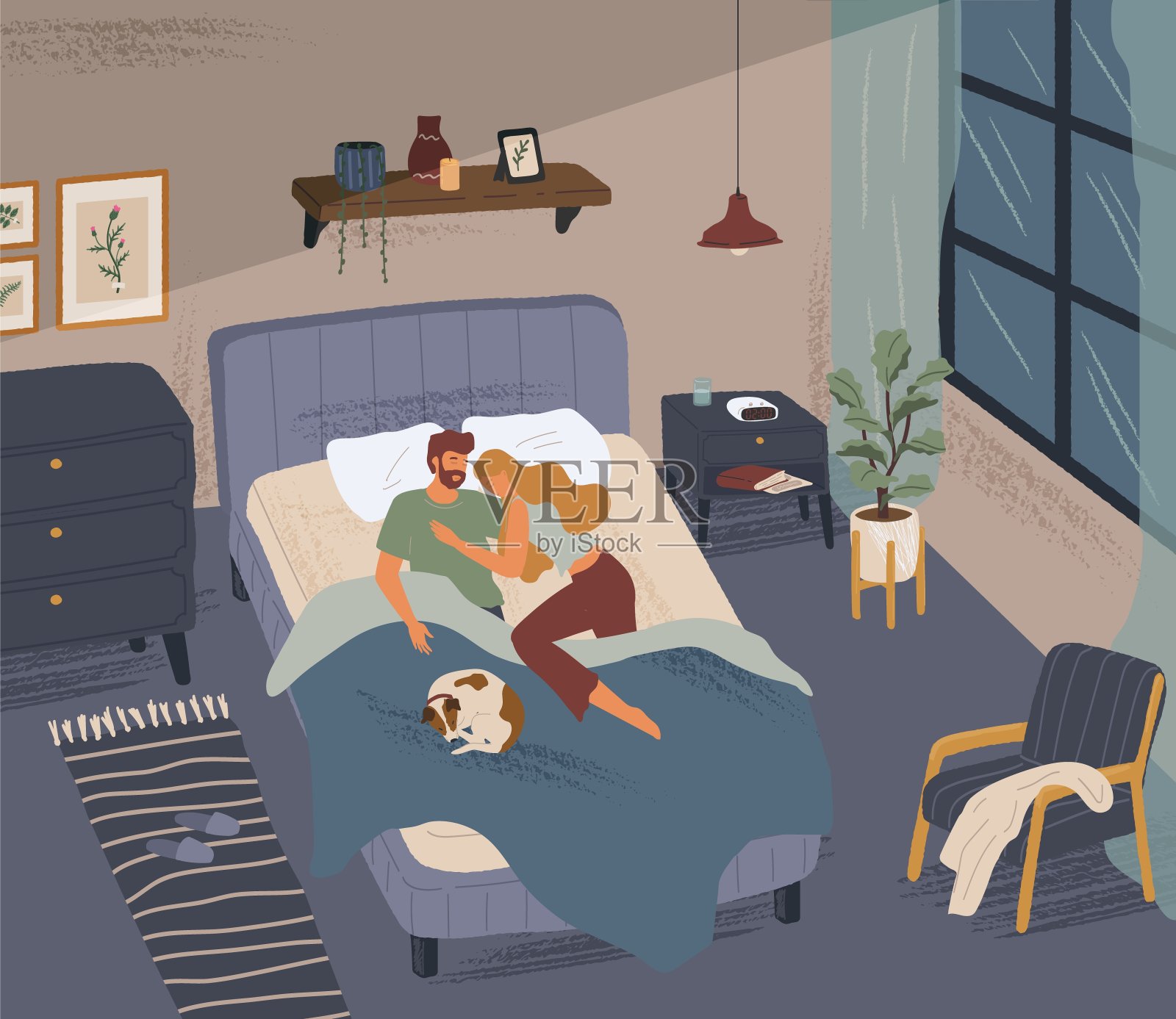 一个父母和三个孩子一起睡在床上的家庭。插画图片素材_ID:331916899-Veer图库