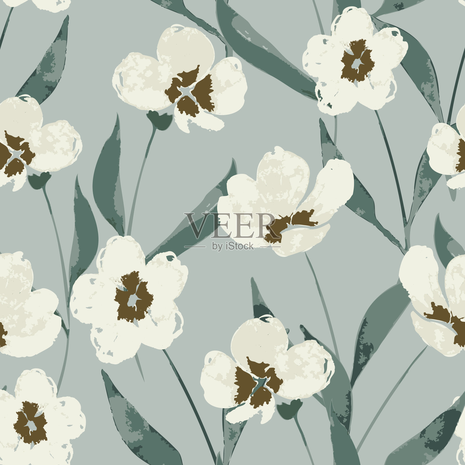水彩风格的白色花朵在绿色植物的背景无缝图案印刷插画图片素材