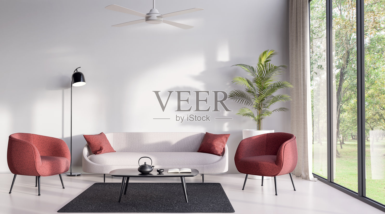 简约风格的客厅装饰以现代白色沙发和红色休闲椅3d渲染照片摄影图片