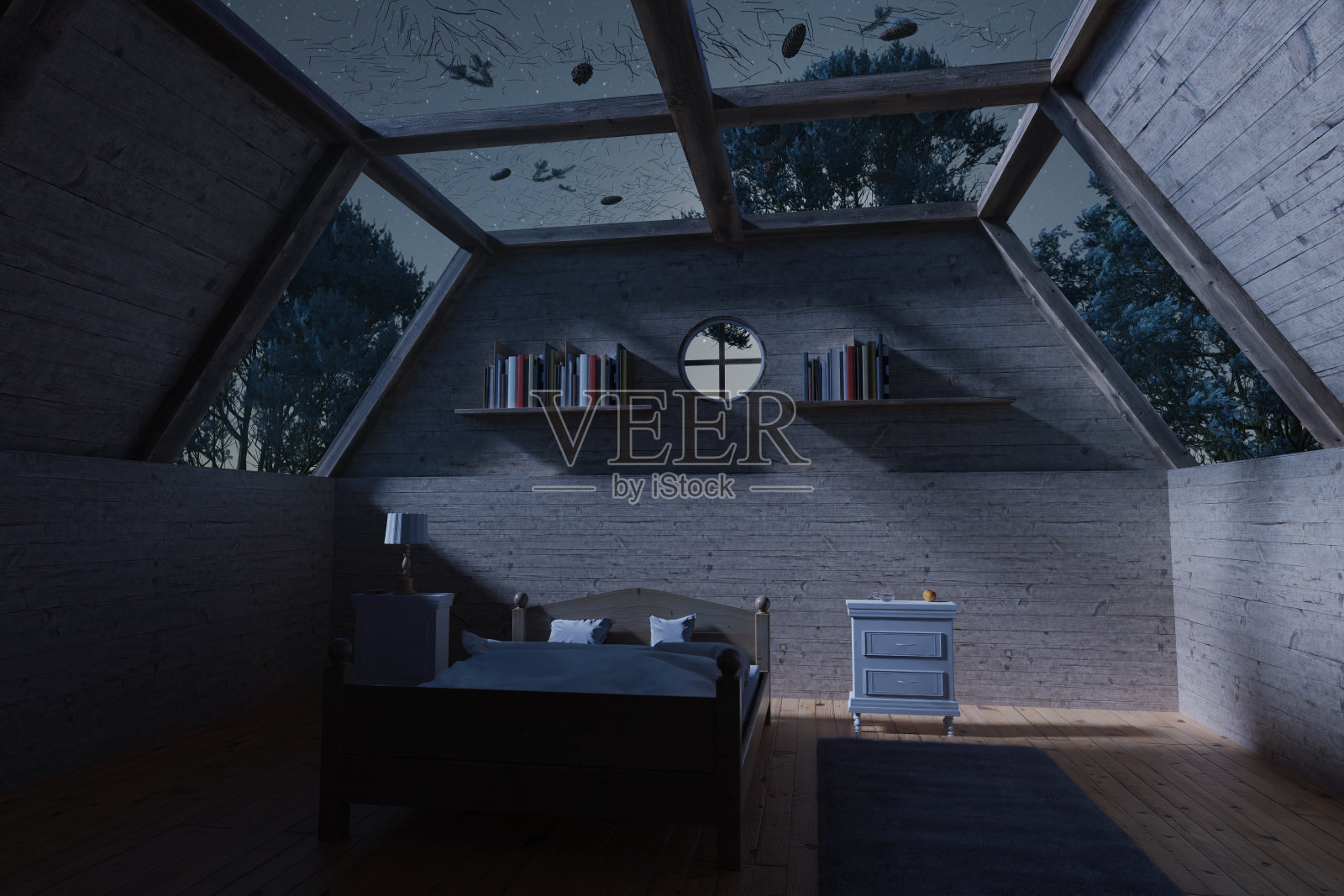木屋晚上木质卧室的3d渲染与全景屋顶照片摄影图片