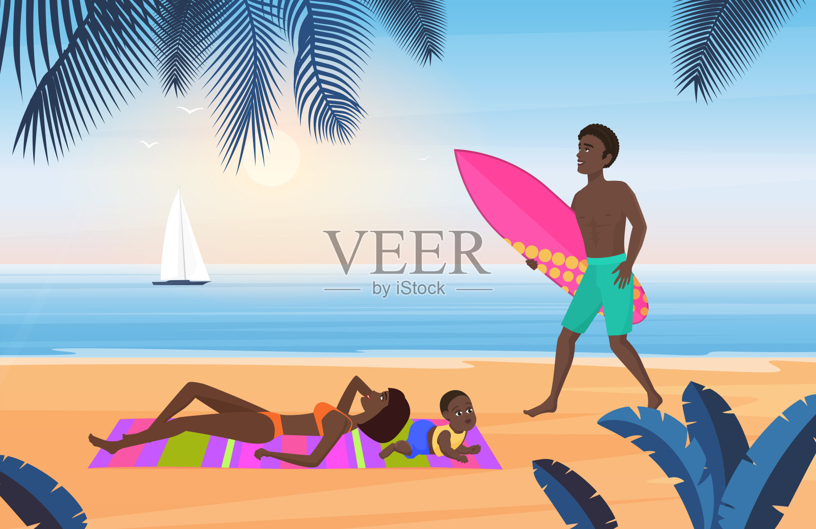 家庭夏季旅游，热带海滩景观旅游度假，游客休息插画图片素材