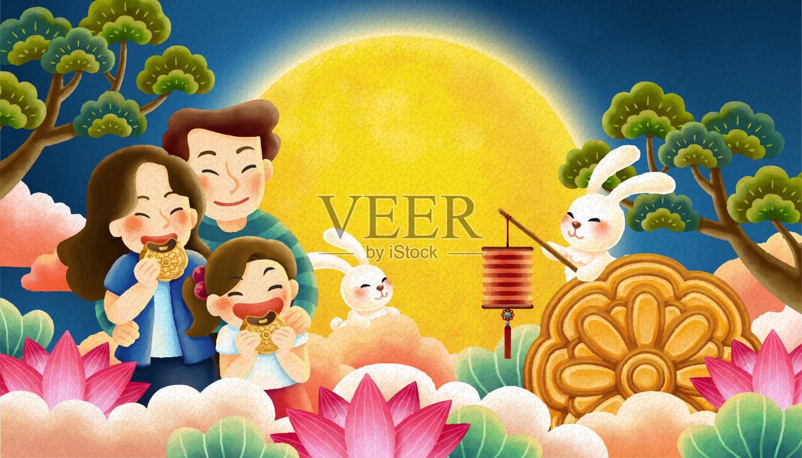 中秋节家族赏月插图插画图片素材