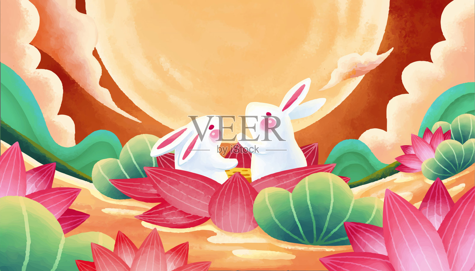 中秋节玉兔在荷塘赏月横幅插画图片素材