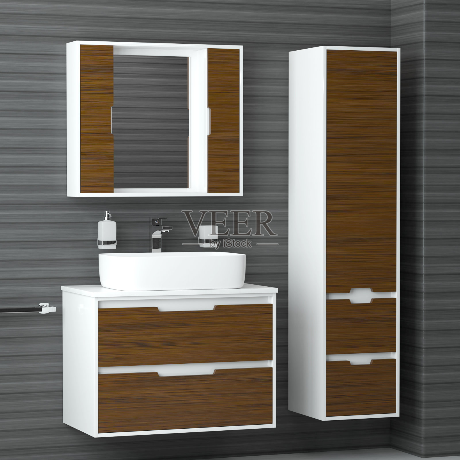 棕色的浴室家具。设计浴室内部的镜子，水槽和橱柜。3 d渲染图照片摄影图片
