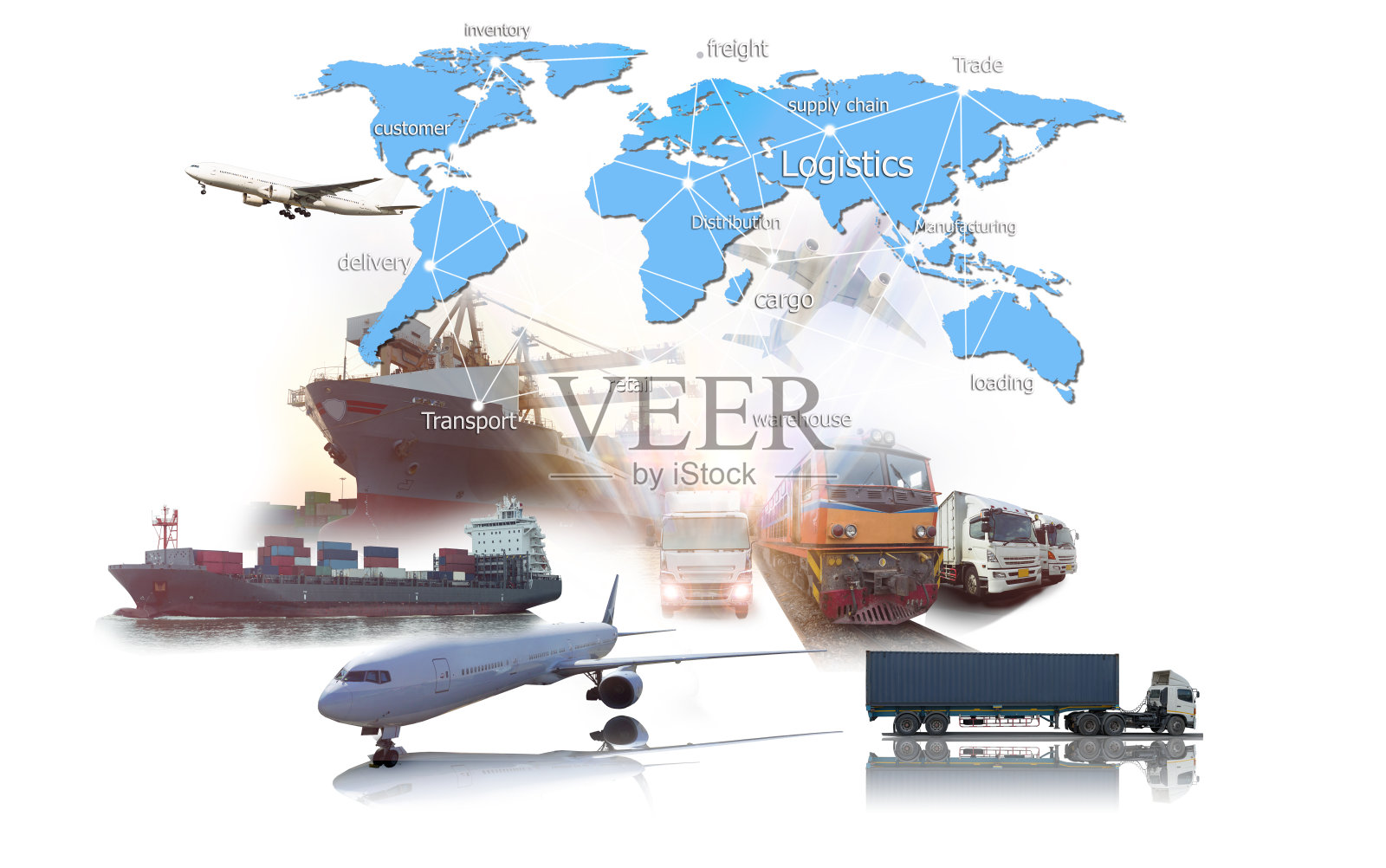 全球业务的集装箱货运列车为商业物流概念，航空货运卡车，铁路运输和海运，网上货物订单全球照片摄影图片